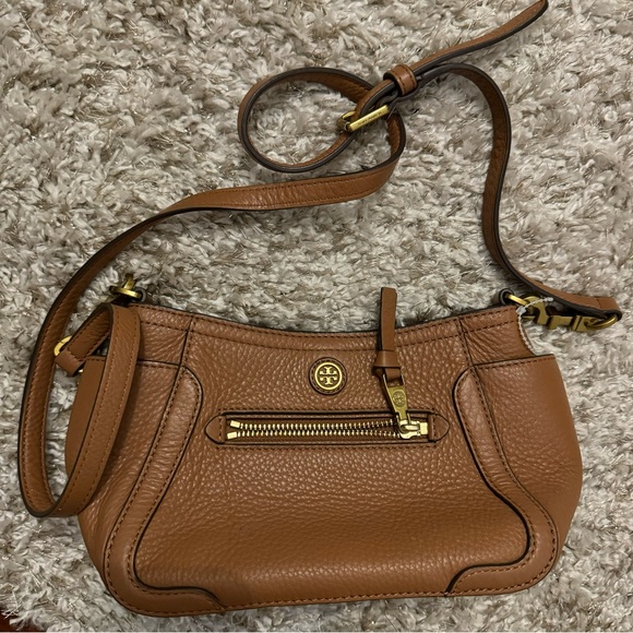 Tory Burch Frances mini crossbody pebbled leather bag cognac tan w/ gold - Picture 6 of 10